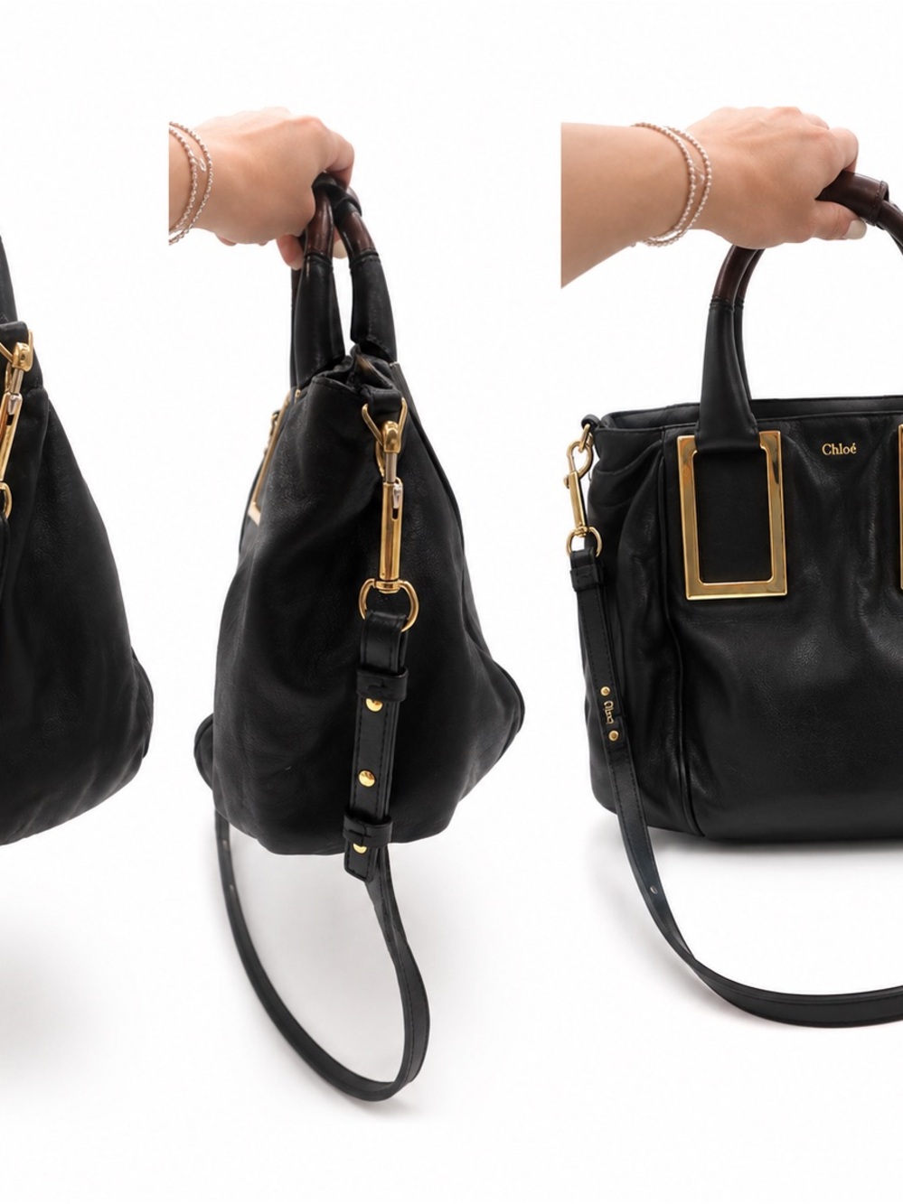 Chloé Black Leather Satchel with Gold Trim, Brown Top Handles and shoulder strap - Picture 2 of 3